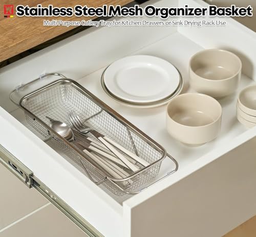 WAGENSTEIGER Extendable Dish Rack with Feet, Vegetable Colander Basket, Stainless Steel Dish or Silverware Drying Rack, Ultimate Kitchen Organizer Over the Sink (12.40 x 5.12 x 2.36 Inches) - Image 5