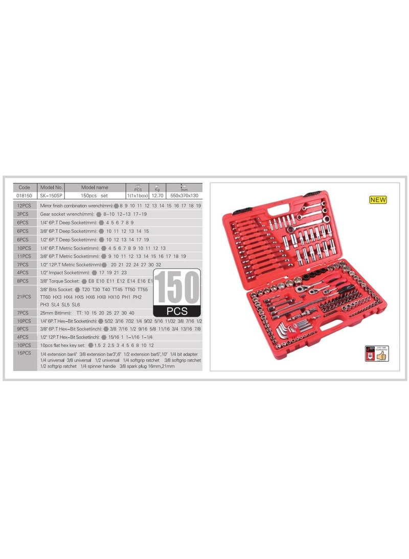 jetechtool Jetech 150-Piece Socket Wrench Set, Includes 1/2 Inch, 1/4 Inch and 3/8 Inch Drive Ratchet Handles with Metric/SAE Sockets, Impact Sockets, Torx Bits, E-Torx Sockets, Combination Wrenches and Adapters - SK-150SP - Image 3