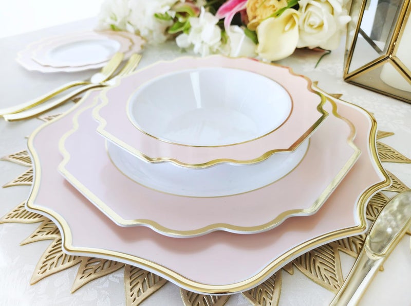 OCCASIONS FINEST PLA "" OCCASIONS "" 40 Pieces Bowls Pack  Heavyweight Disposable Wedding Party Plastic Bowls (14 oz Soup Bowl  Imperial White/Blush & Gold) - Image 1