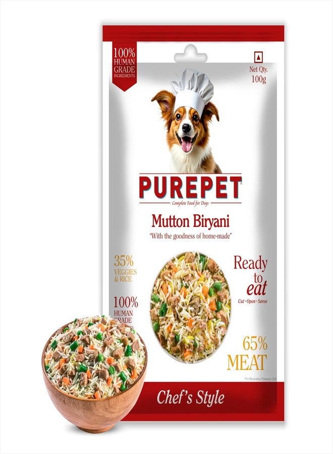 Purepet Fresh Dog Food Mutton Biryani, for Adult & Puppy, 100gm | High Protein, 65% Real Meat, 35% Veggies & Rice | No Preservatives | Ready to Serve | All Breeds | One Pack One Meal - Image 1