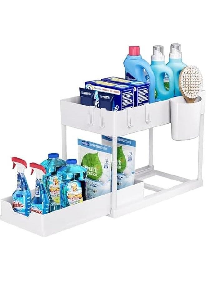 يوڠام منظم سلة تحت الخزانة المنزلقة، تخزين من طابقين تحت الخزانة، منظمات تحت الحوض للحمام وتخزين تحت الحوض، مع خطافات وكوب معلق، للمطبخ والحمام - Image 1