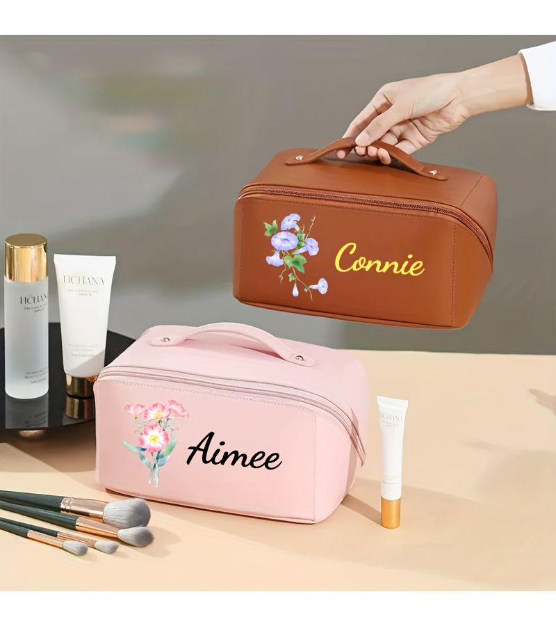 Personalized White Makeup Bag With Flower Name Large Capacity - Image 2
