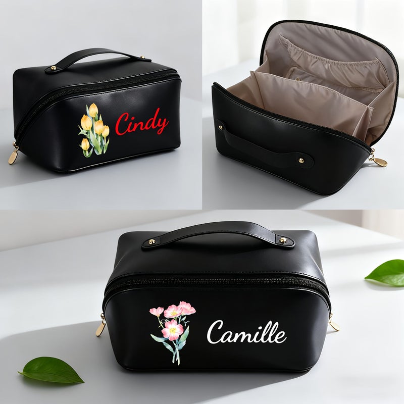 Personalized White Makeup Bag With Flower Name Large Capacity - Image 1