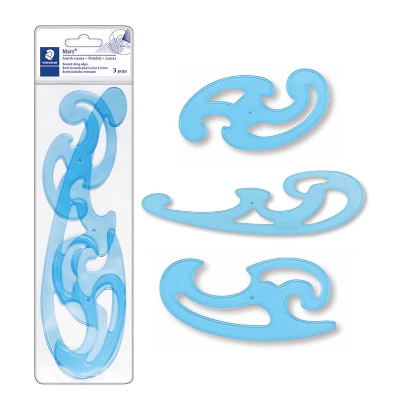 STAEDTLER Mars Professional French Curve Design Ruler Set for Pattern Making, 3 Essential A B C Shapes, Blue Transparent Plastic with Inking Edge - Image 1