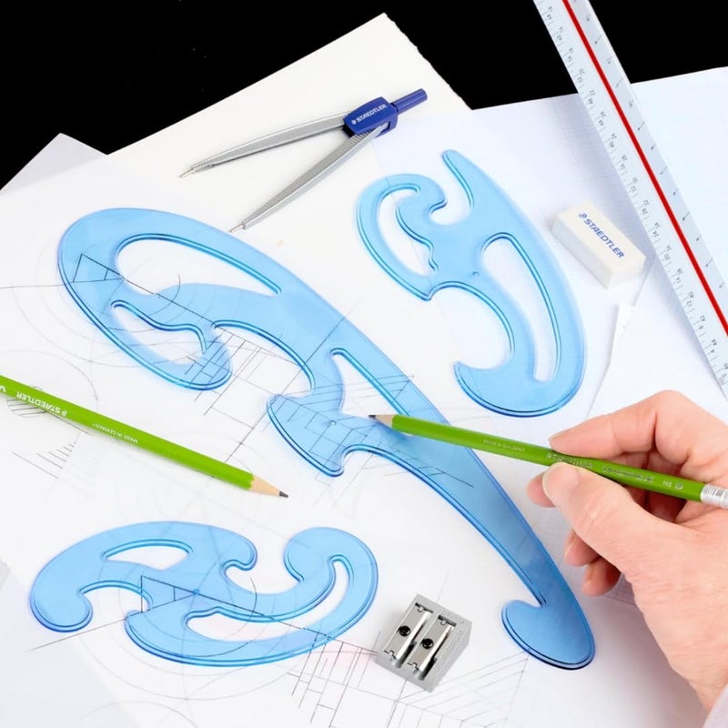 STAEDTLER Mars Professional French Curve Design Ruler Set for Pattern Making, 3 Essential A B C Shapes, Blue Transparent Plastic with Inking Edge - Image 4
