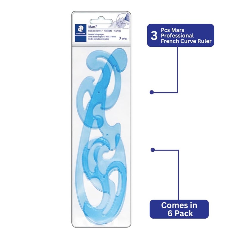 STAEDTLER Mars Professional French Curve Design Ruler Set for Pattern Making, 3 Essential A B C Shapes, Blue Transparent Plastic with Inking Edge - Image 3
