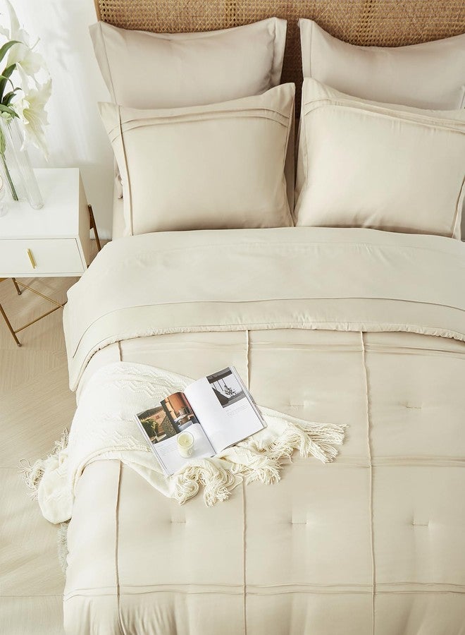 Yogeneg Full Size Comforter Set 7 Piece Bed in a Bag,Grid Pinch Pleat Beige Bedding Set,Striped Textured Soft Microfiber Comforter with Sheet Set,All Season Complete Bed Set(Beige,Full) - Image 3