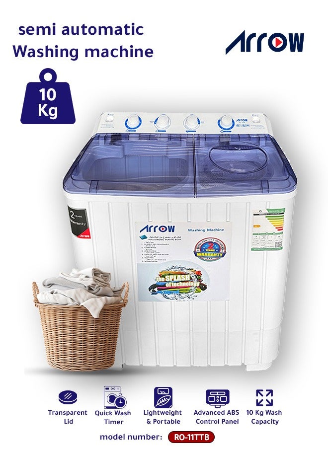 Arrow - 10 KG Twin Tub Washing Machine, Semi-Automatic, Turbo Wash Technology, Rust-Free Design, Streamlined & Lightweight for Easy Installation, White Color | Model No: RO-11TTB - Image 1