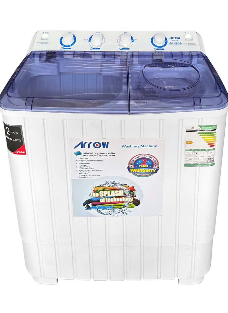 Arrow - 10 KG Twin Tub Washing Machine, Semi-Automatic, Turbo Wash Technology, Rust-Free Design, Streamlined & Lightweight for Easy Installation, White Color | Model No: RO-11TTB - Image 1