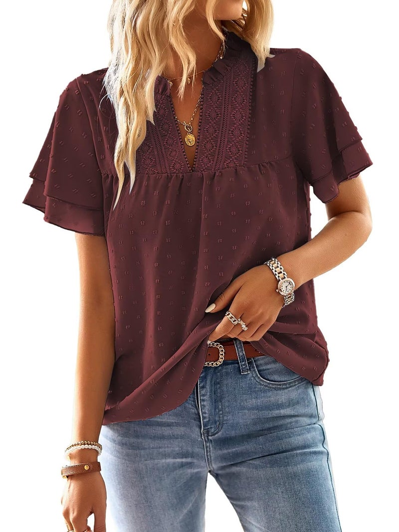 Falechay Womens Summer Tops Sexy V Neck Blouses for Women Dressy Casual Cute Going Out Short Sleeves Shirt Ruffle Sleeve Swiss Dot Top Bohemian Teacher Shirts Flowy Peasant Shirt Mulberry L - Image 1