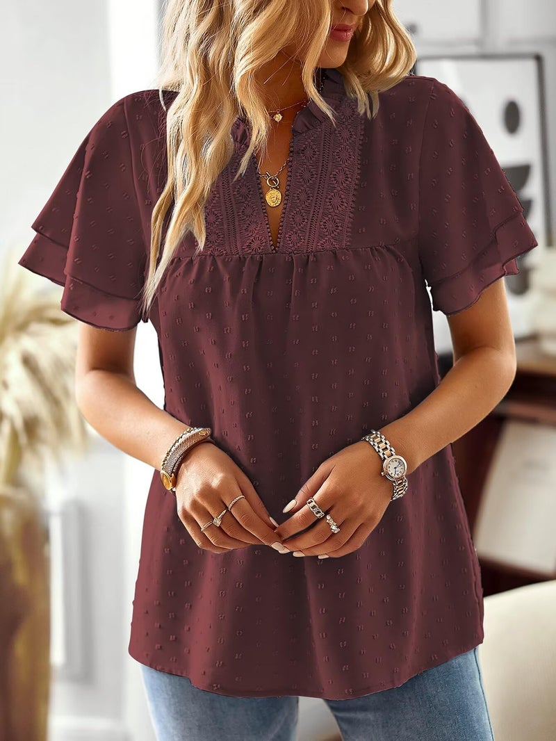 Falechay Womens Summer Tops Sexy V Neck Blouses for Women Dressy Casual Cute Going Out Short Sleeves Shirt Ruffle Sleeve Swiss Dot Top Bohemian Teacher Shirts Flowy Peasant Shirt Mulberry L - Image 5