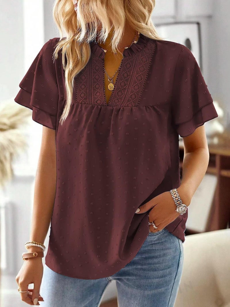 Falechay Womens Summer Tops Sexy V Neck Blouses for Women Dressy Casual Cute Going Out Short Sleeves Shirt Ruffle Sleeve Swiss Dot Top Bohemian Teacher Shirts Flowy Peasant Shirt Mulberry L - Image 2