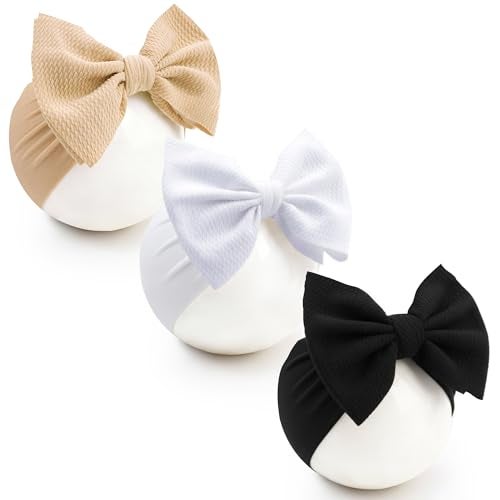 kexinstar Baby Bow Headbands 3 Pcs Baby Girl Headbands with Bows Soft Nylon Kahki/White/Black Headband Bows for Baby Girls, Newborns, Infants - Image 1