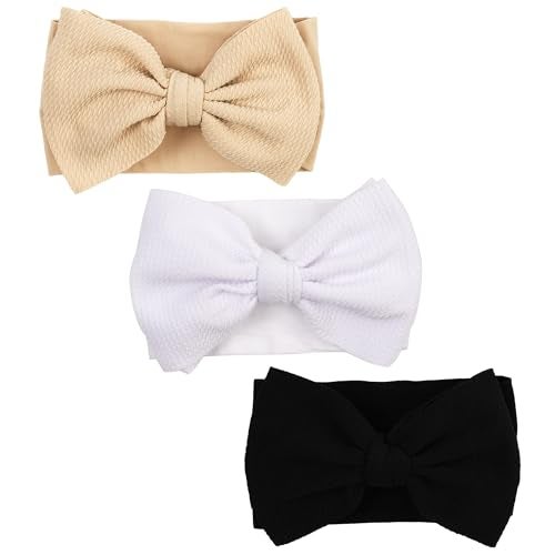 kexinstar Baby Bow Headbands 3 Pcs Baby Girl Headbands with Bows Soft Nylon Kahki/White/Black Headband Bows for Baby Girls, Newborns, Infants - Image 2