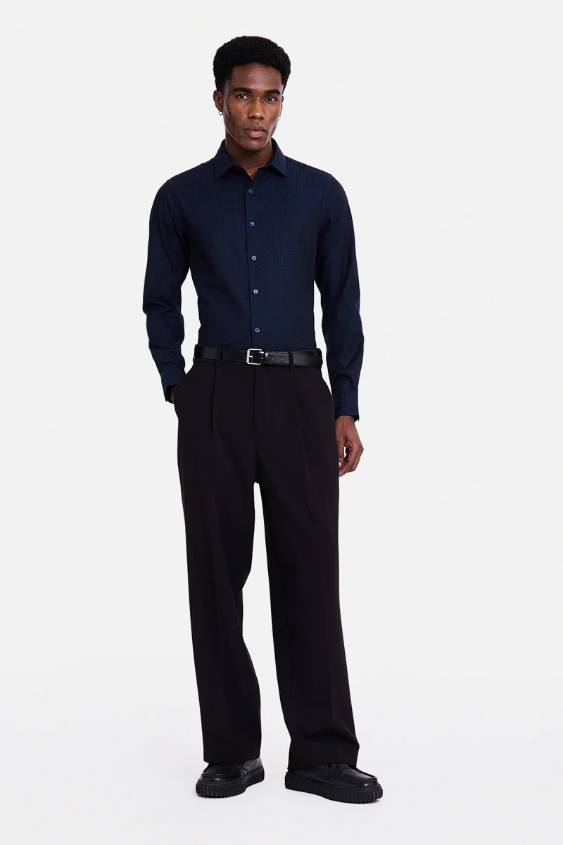 سنيتش Navy Blue Geometric Long Sleeve Slim Fit Formal Shirt