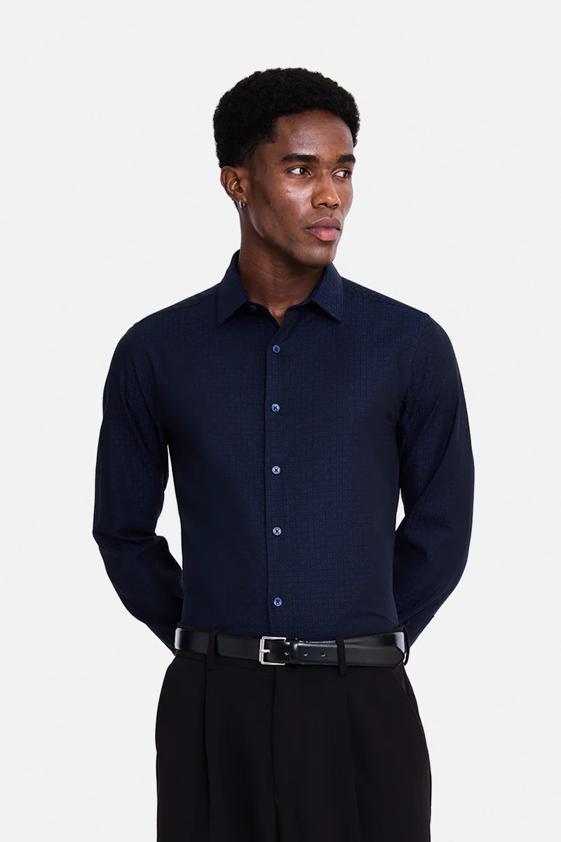 سنيتش Navy Blue Geometric Long Sleeve Slim Fit Formal Shirt