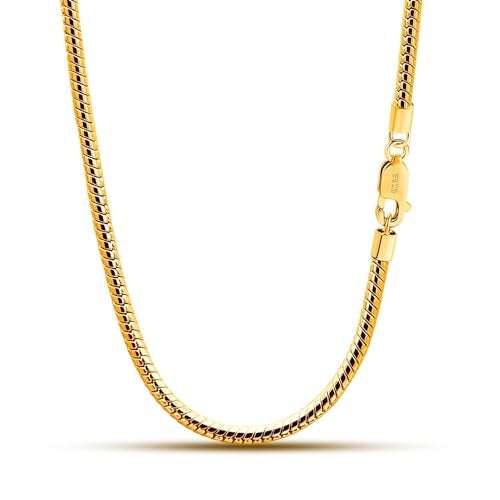 Dankadi Italy 925 Sterling Silver Snake Chain Necklace Men Women 3MM4MM Rolo Link Round Chain Chokers 18 20 22 24 26 28 30 Unisex Fine Jewelry Gift 3MM Gold 20 inches - Image 1