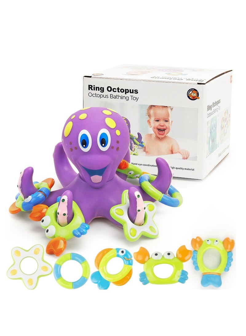 spa luxetique Octopus Ring Toss Bath Toy - 6-Piece Baby Sensory Water Play Set (Purple) | Soft Rubber, BPA-Free, Fine Motor Skills Training  - Image 1