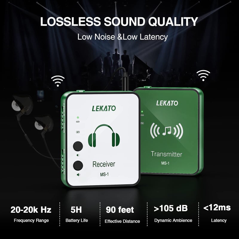 LEKATO LEKATO Wireless in Ear Monitor System, 2.4G Stereo Wireless IEM System with Transmitter Beltpack Receiver Automatic Pairing, for Studio, Band Rehearsal, Live Performance,Green  - Image 4