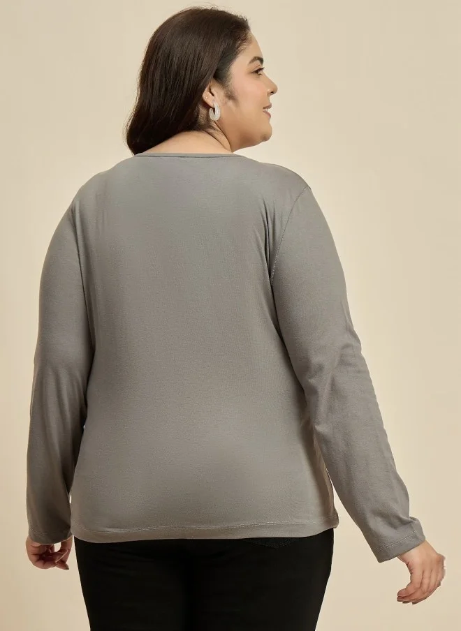CURVY STREET Grey V-Neck Cotton T-Shirt for Women