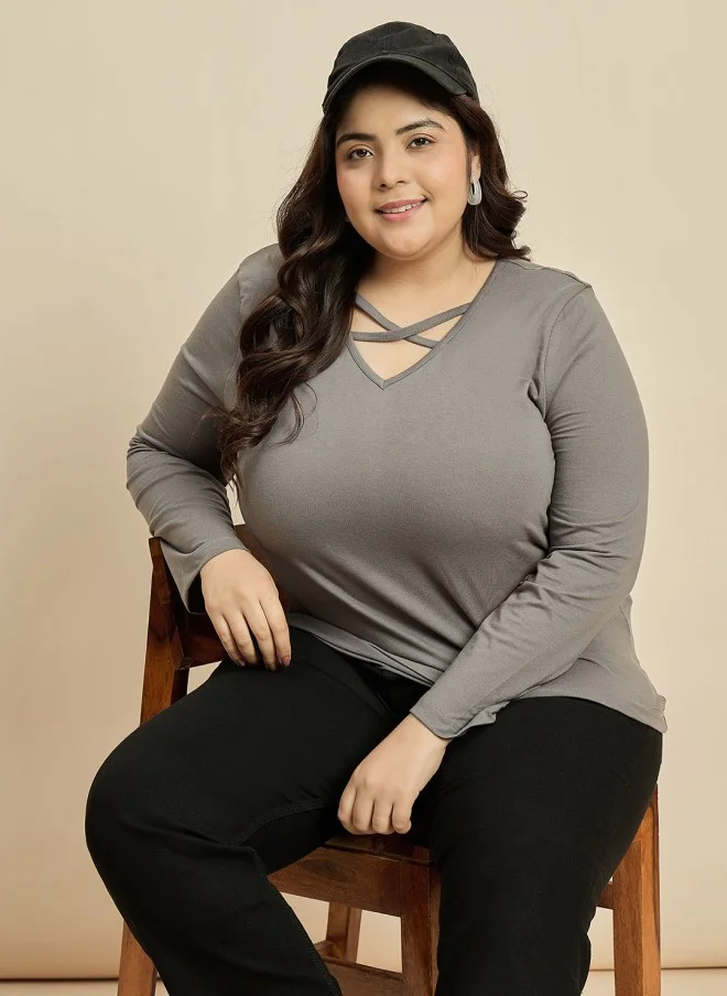 CURVY STREET Grey V-Neck Cotton T-Shirt for Women