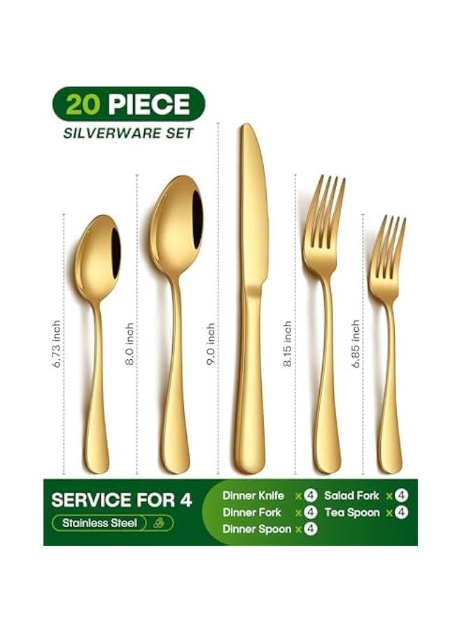 20 Piece Gold Silverware Set, Stainless Steel Flatware Set for 4 Food Grade Cutlery Utensil Set Include Knife Fork Spoon Mirror Polished Dishwasher Safe - Image 2