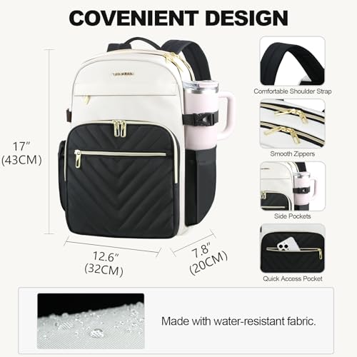 VANKEAN Laptop Backpack for Women with Pouch Pocket for Large Capacity Tumbler, 15.6 Inch Laptop Computer Bag Travel Backpack Purse,Waterproof Work Business Backpack College Teacher Bags Beige-Black - Image 4