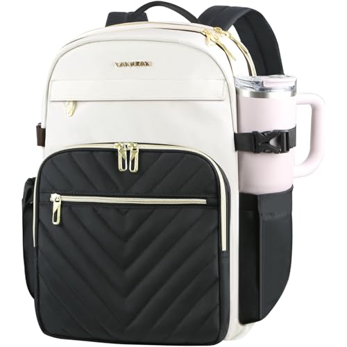 VANKEAN Laptop Backpack for Women with Pouch Pocket for Large Capacity Tumbler, 15.6 Inch Laptop Computer Bag Travel Backpack Purse,Waterproof Work Business Backpack College Teacher Bags Beige-Black - Image 1