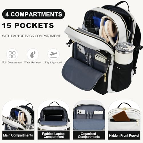 VANKEAN Laptop Backpack for Women with Pouch Pocket for Large Capacity Tumbler, 15.6 Inch Laptop Computer Bag Travel Backpack Purse,Waterproof Work Business Backpack College Teacher Bags Beige-Black - Image 3