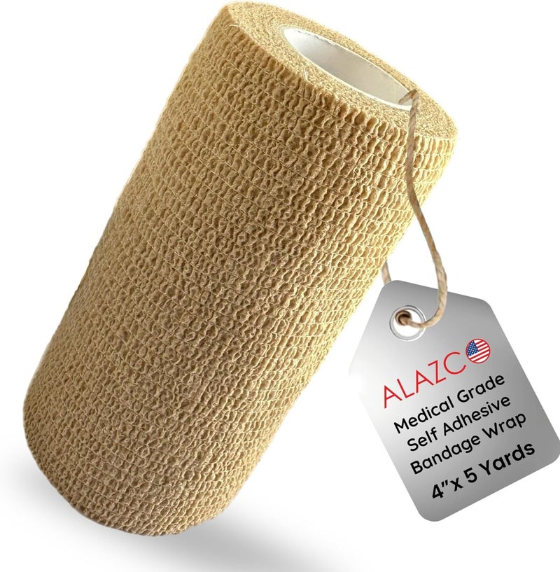 ALAZCO 4 x 5 yrd Beige Self Adhesive Flexible Bandage Wrap Stretch Roll Tape Wrist Ankle Hand Leg Medical Grade Sports Compression Lymphedema Individually Wrapped Sprains Support First Aid Pets Cat Dog - Image 1
