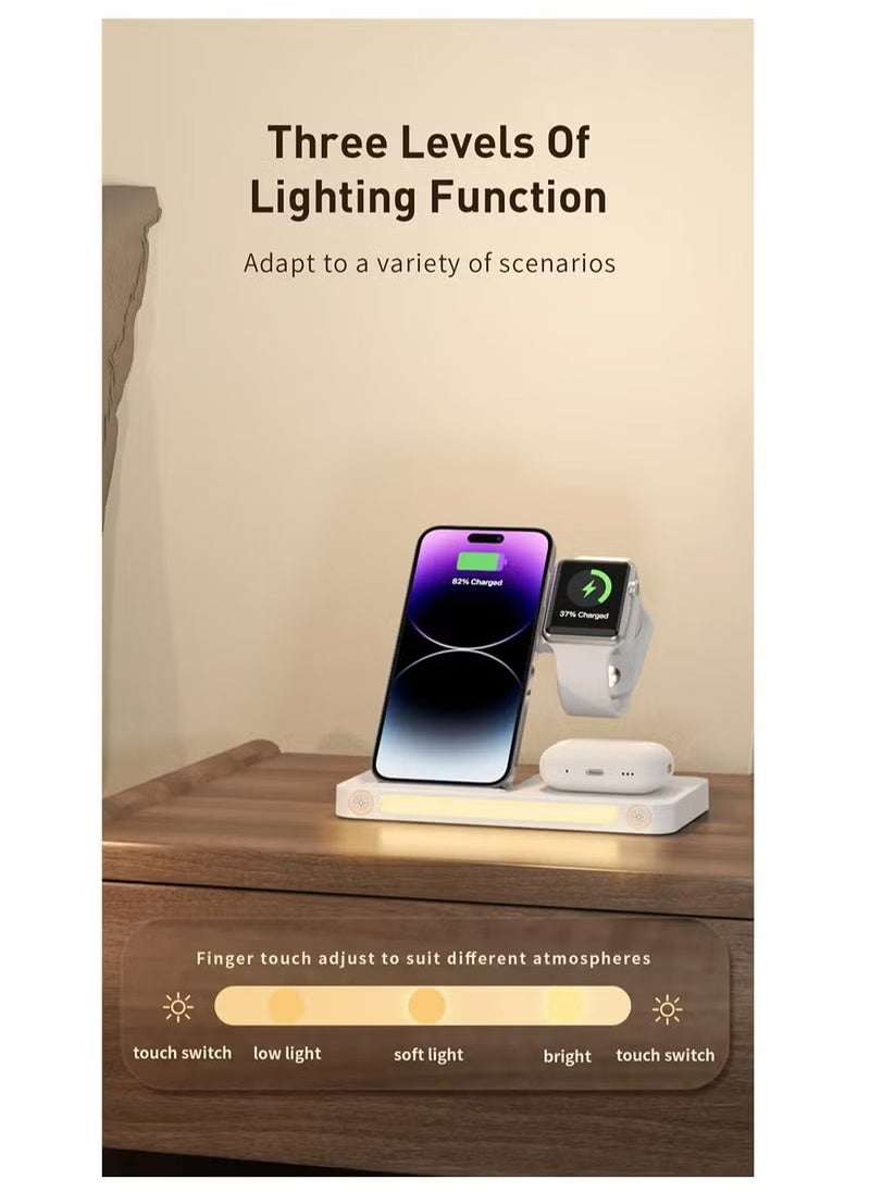 4-in-1 Folding Wireless Charger with Ambient Desktop Lamp - 15W Fast Charging for iPhone, 5W for AirPods, 2W for Apple Watch, USB Type-C, Compact & Stylish Design for Home, Office, and Travel