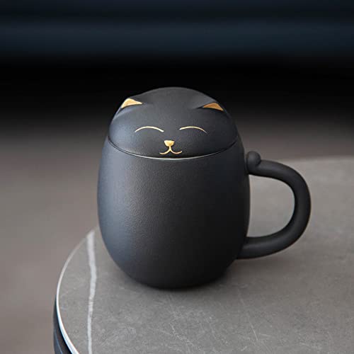 HEER Black Cat Tea Cup with Infuser and Lid, Cute Tea Mug with Strainer for Steeping Loose Leaf, Ceramic Teacup Birthday Christmas Cat Lover Gifts for Women, Men, Mom, Sisters, besties. (Black) - Image 2