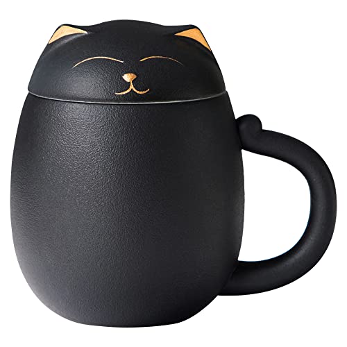 HEER Black Cat Tea Cup with Infuser and Lid, Cute Tea Mug with Strainer for Steeping Loose Leaf, Ceramic Teacup Birthday Christmas Cat Lover Gifts for Women, Men, Mom, Sisters, besties. (Black) - Image 1