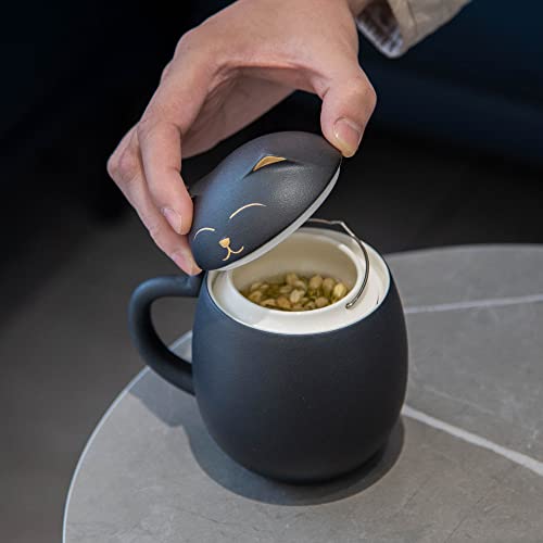 HEER Black Cat Tea Cup with Infuser and Lid, Cute Tea Mug with Strainer for Steeping Loose Leaf, Ceramic Teacup Birthday Christmas Cat Lover Gifts for Women, Men, Mom, Sisters, besties. (Black) - Image 3