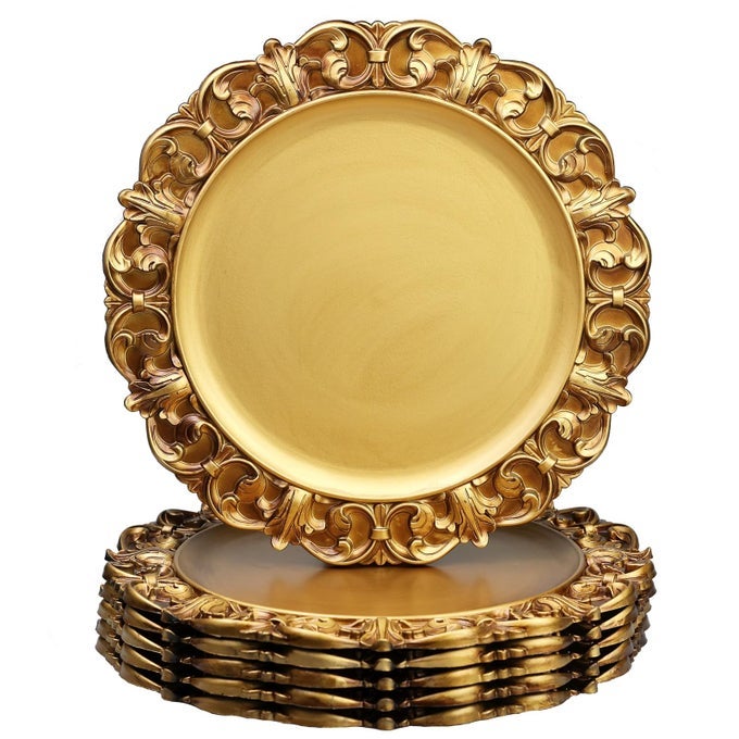 13 ANTIQUE GOLD CHARGER PLATES SET OF 6 PLASTIC TEXTURED CHARGERS FOR DINNER PLATES WITH EMBOSSED RIM TABLE DCOR PARTY WEDDING HOLIDAY