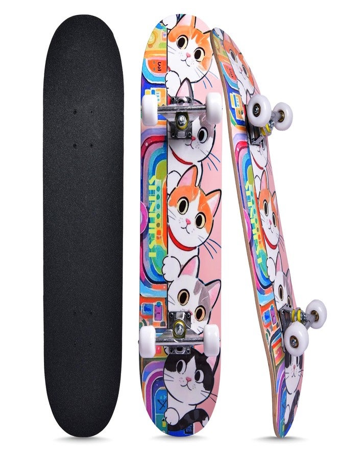 TOUTSEUL Skateboards for Beginners Kids Boys Girls Teens and Adults, 31 Inch Complete Standard Skateboards with 7-Layer Maple Double Kick Deck Unicorn and Skull Design (Cates) - Image 1