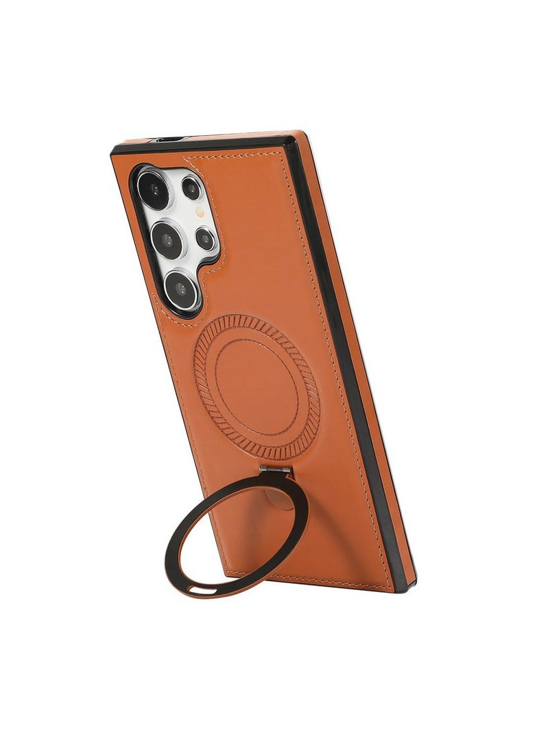 Luxury Leather Invisible Holder for Samsung S24 Ultra Case, Leather Case with Magnetic Invisible Ring Bracket - Image 1
