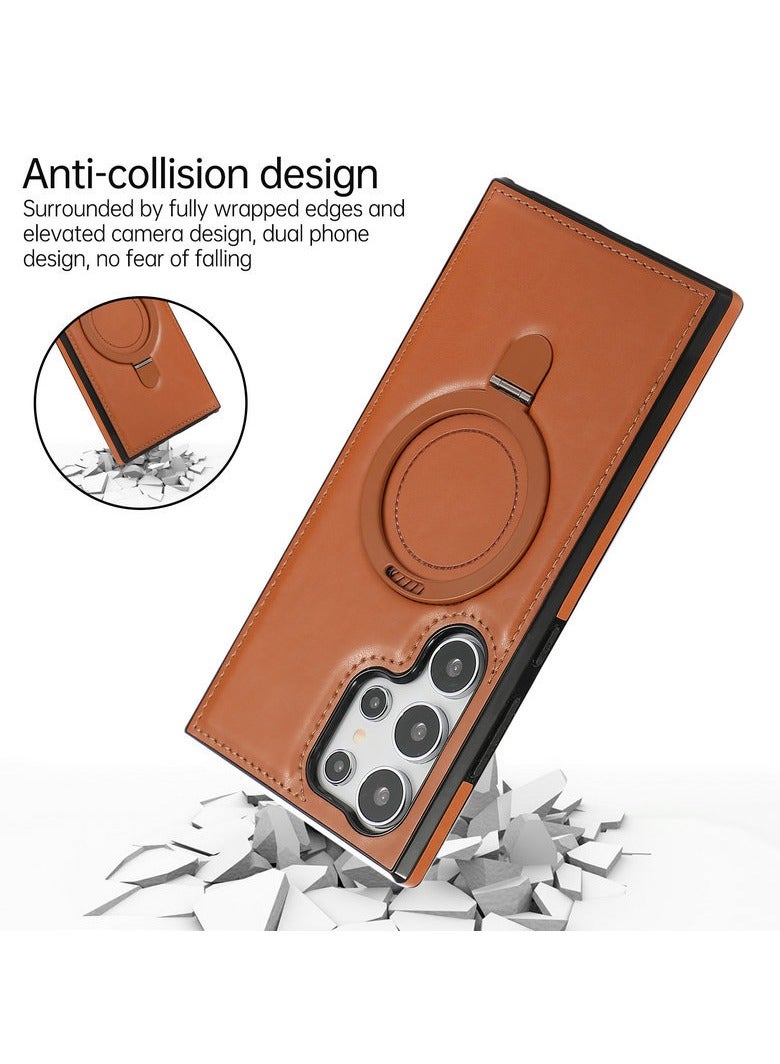 Luxury Leather Invisible Holder for Samsung S24 Ultra Case, Leather Case with Magnetic Invisible Ring Bracket - Image 4