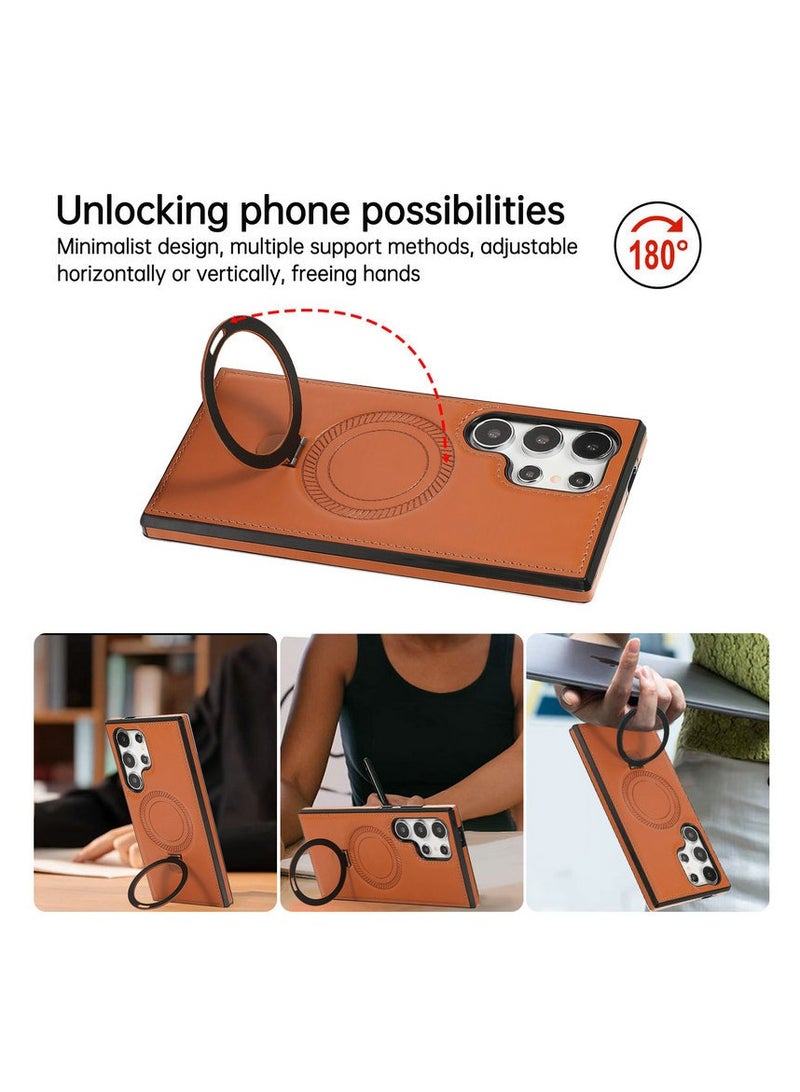 Luxury Leather Invisible Holder for Samsung S24 Ultra Case, Leather Case with Magnetic Invisible Ring Bracket - Image 3