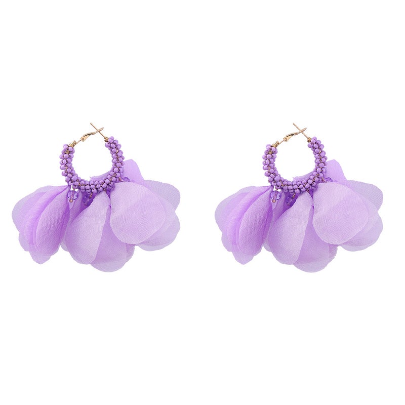 Bohemian Alloy Bead Woven Fabric Floral Earrings Purple 