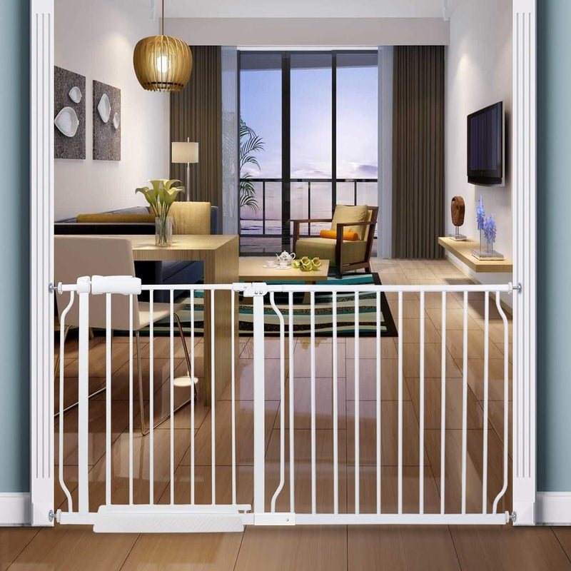 COSEND COSEND Extra Wide Baby Gate Tension Indoor Safety Gates White Metal Large Pressure Mounted Pet Gate Walk Through Long Safety Dog Gate for The House Doorways Stairs 5748622146158CM White 