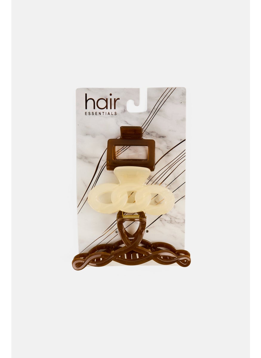 Orly Fashion Accessories 3 Piece Plain Claw Hair Clips, Brown/Off White  - Image 1
