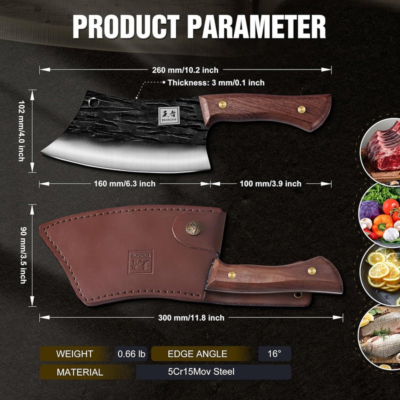 ENOKING ساطور لحم مطروق يدويًا سكين شيف من فولاذ الكربون العالي سكين جزار مطبخي مع مقبض كامل وغطاء جلدي سكين تقطيع للمطبخ والتخييم والشواء (6.3 بوصة) - Image 3