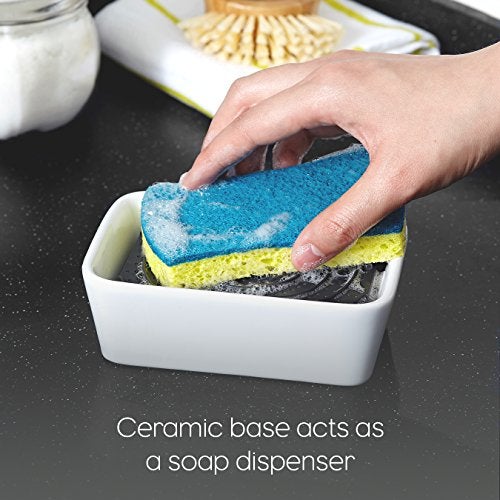 Full Circle Bubble Up Ceramic Soap Dispenser & Scrubber Sponge Set, White - Image 4