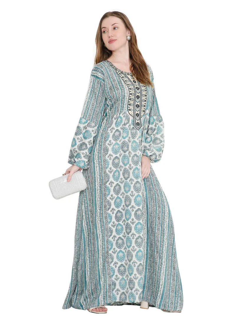 هانا آند سارا long viscose printed farasha with unique thread embroidered arabic kaftan jalabiya dress