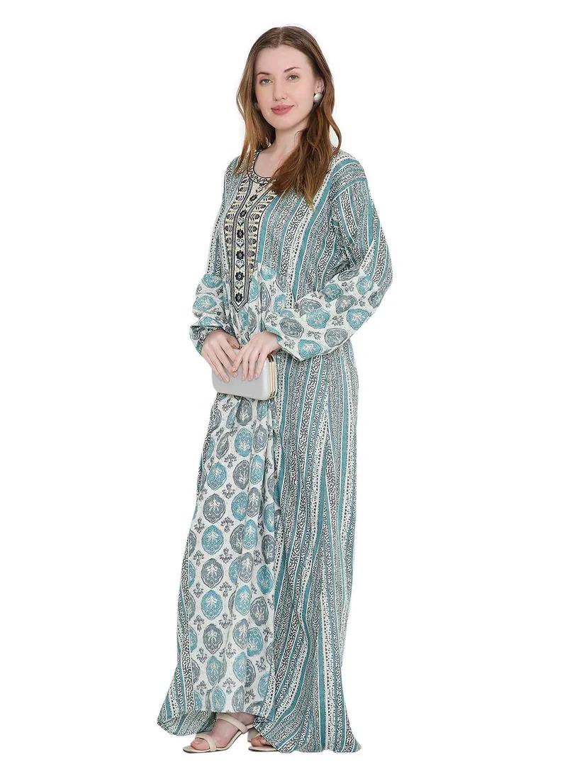 HANA & SARA long viscose printed farasha with unique thread embroidered arabic kaftan jalabiya dress