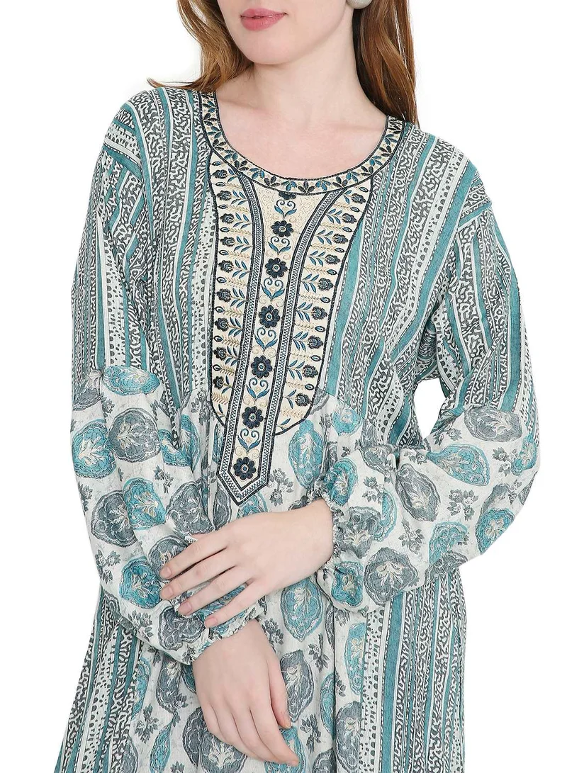 HANA & SARA long viscose printed farasha with unique thread embroidered arabic kaftan jalabiya dress