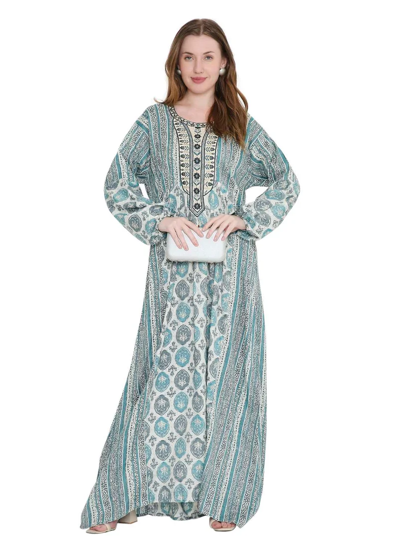HANA & SARA long viscose printed farasha with unique thread embroidered arabic kaftan jalabiya dress
