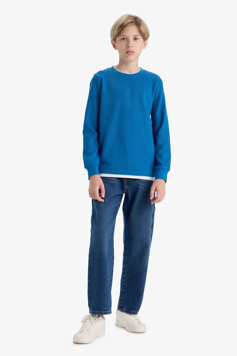 ديفاكتو Boy Regular Fit Crew Neck Waffle Long Sleeve T-Shirt