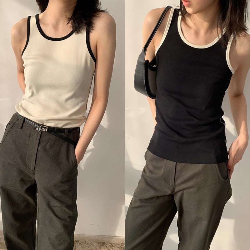 Same Style As Shibo! Single Wear Inner Classic Cotton Contrast Color Small Shoulder Thread Vest Stretch Slim Sports Top - Image 2